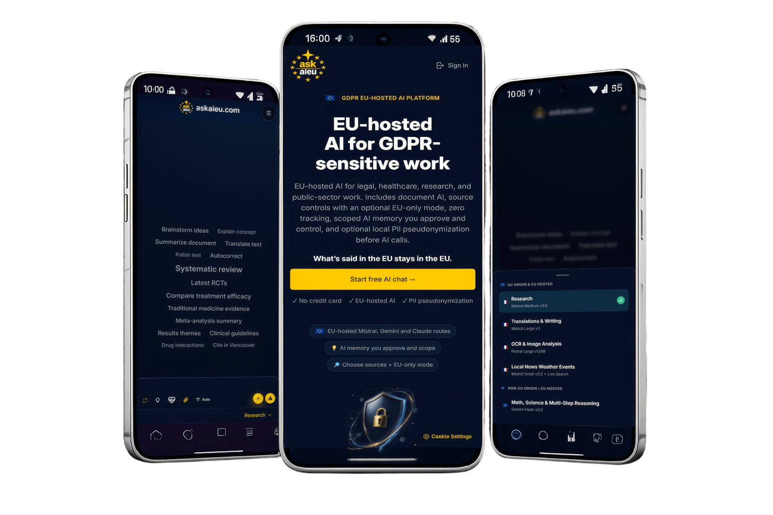 Der KI-Assistent askaieu.com auf drei Smartphone-Displays